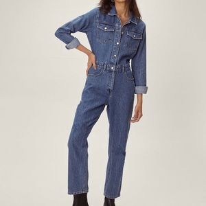 Nasty Gal Denim Coverall Jumpsuit Long Sleeve Blue
